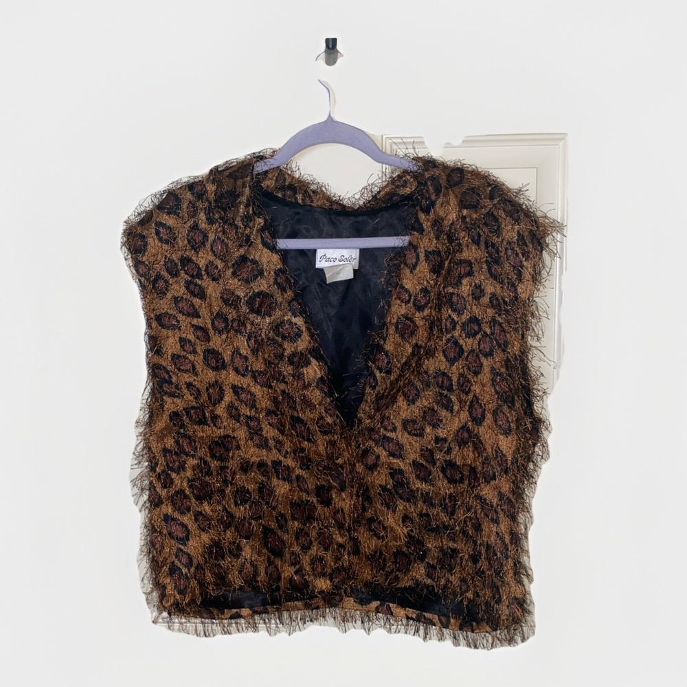 Vintage Paco Solér Women's Faux Leopard Animal Print Vest Furry M/L
